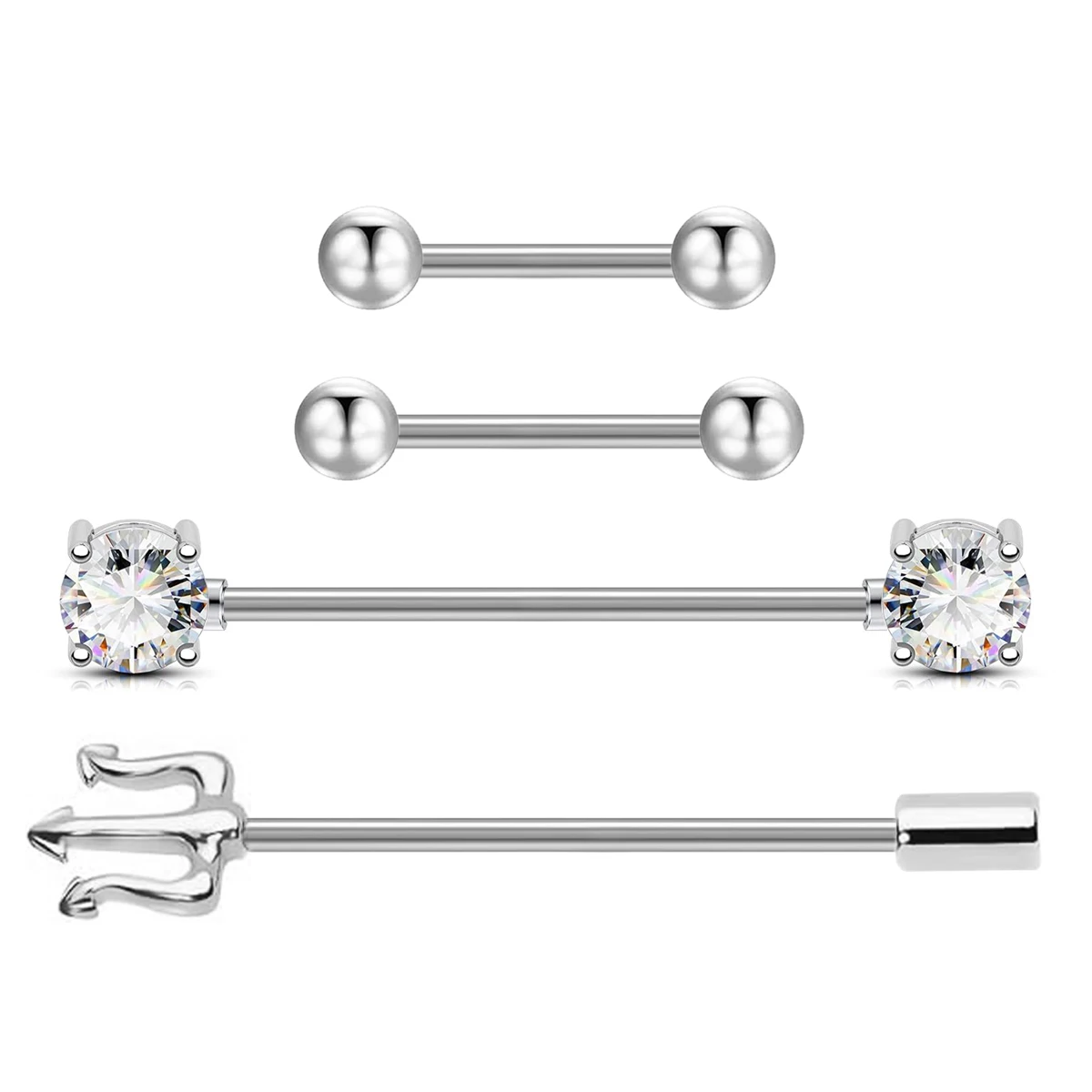 4 unids/set de pendientes de barra industriales de acero inoxidable, Piercing Tridente de circón, pendientes largos en espiral, Piercing para lengua