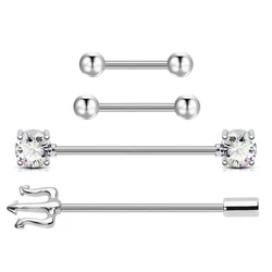 4 Pcs/Set Stainless Steel Industrial Barbell Earrings, Zircon Trident Piercing Long Spiral Earrings Stud Tongue Stud Piercing