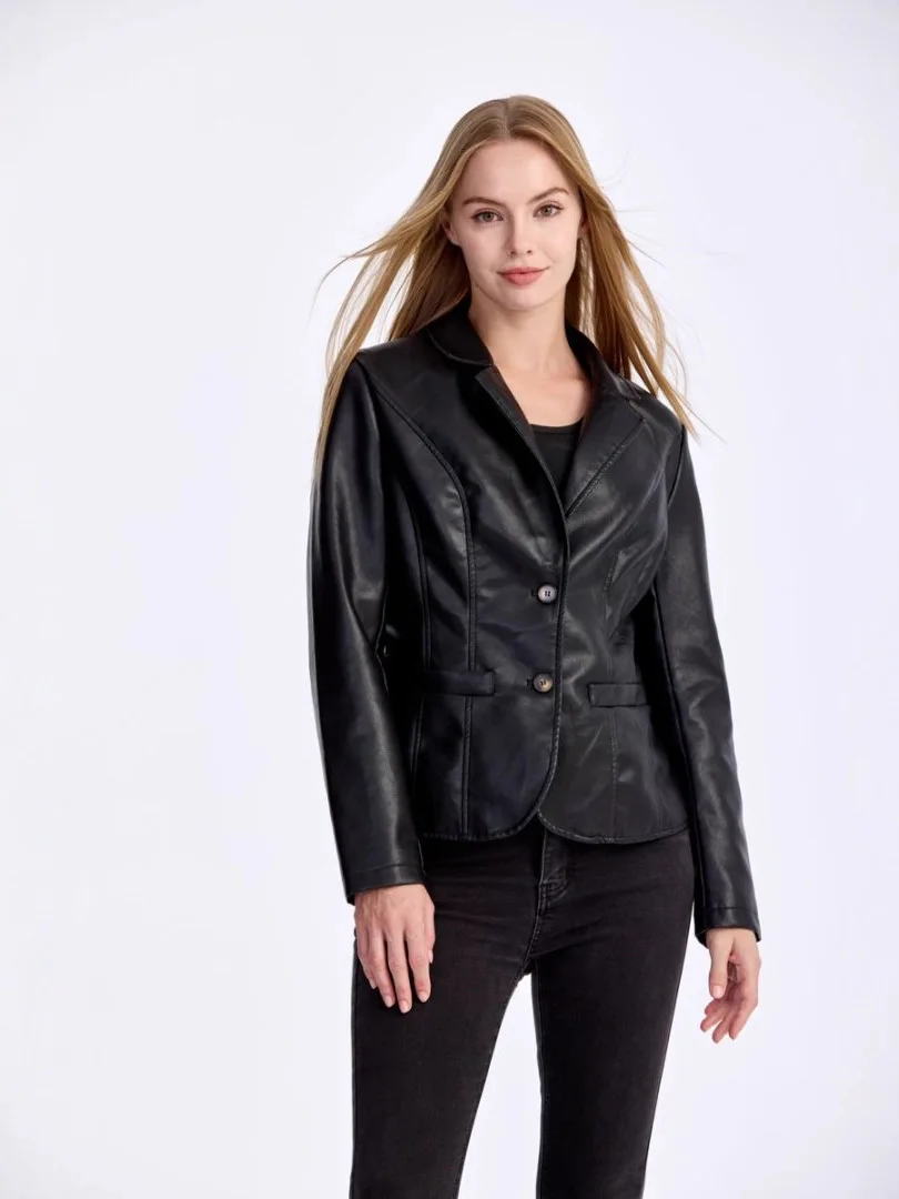 Korean version lapel PU leather jacket, women's slim fit, thin motorcycle suit jacket, autumn jacket, women's clothing