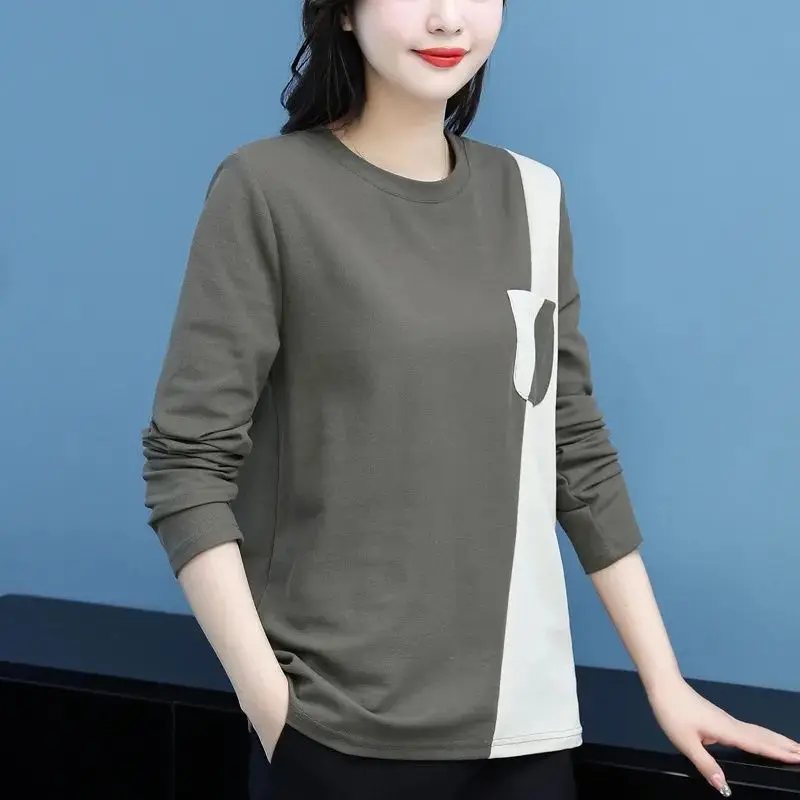 2024 Spring and Autumn Women\'s New Splicing Pullover O-Neck Contrast Color Fashion Loose Minimalist Casual Long Sleeve Hoodies