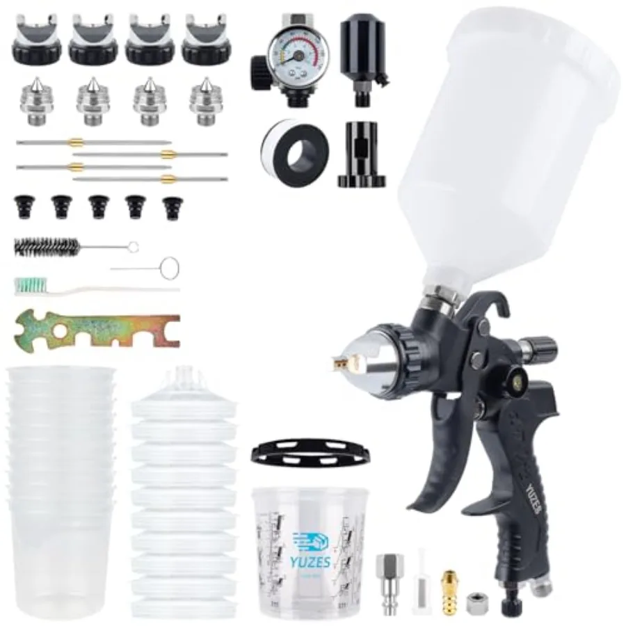 

HVLP Spray Gun Kit 4 Nozzles 1.4/1.7/2.0/2.5mm Auto Paint Gun for Cars Furniture and DIY 10 Disposable Paint Cups and 600ml Mix