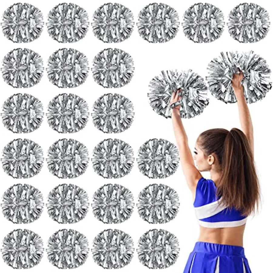 

24 Pack Cheerleading Pom Poms with Baton Handle 14.5 Inch Metallic Cheering Squad Pompoms for Team Sports Football Dance Cheeri