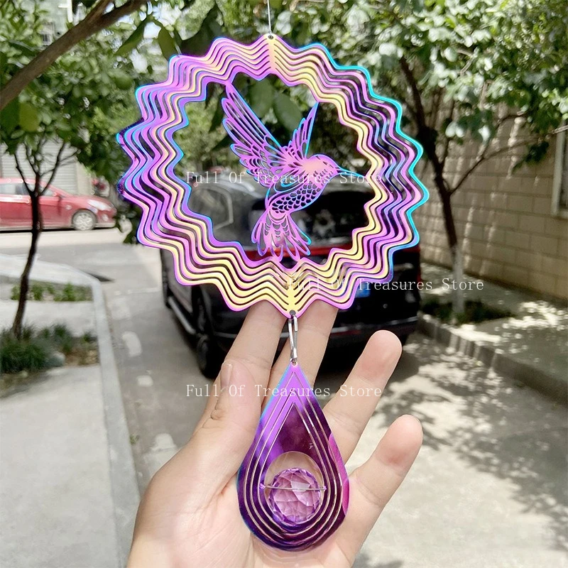 Metal Outdoor Wind Wheel Kinetic 3D Windmill, Mirror Hummingbird with Rotary Tail Rotating Wind Chime