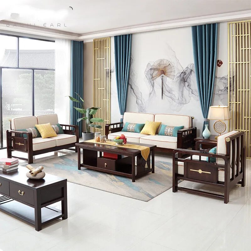 New Chinese sofa modern simple living room model room villa zen furniture solid wood fabric sofa combination