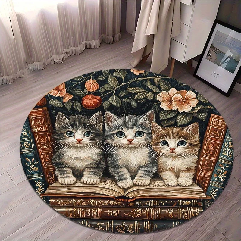 Cat and Book Style Flannel-printed round floor mats are slip-resistant Suitable for living room bedroom terrace garden carpets