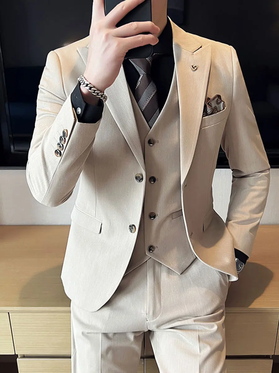 

ZX253British style light khaki suit men's suit wedding high-end groom suit men's slim beige casual