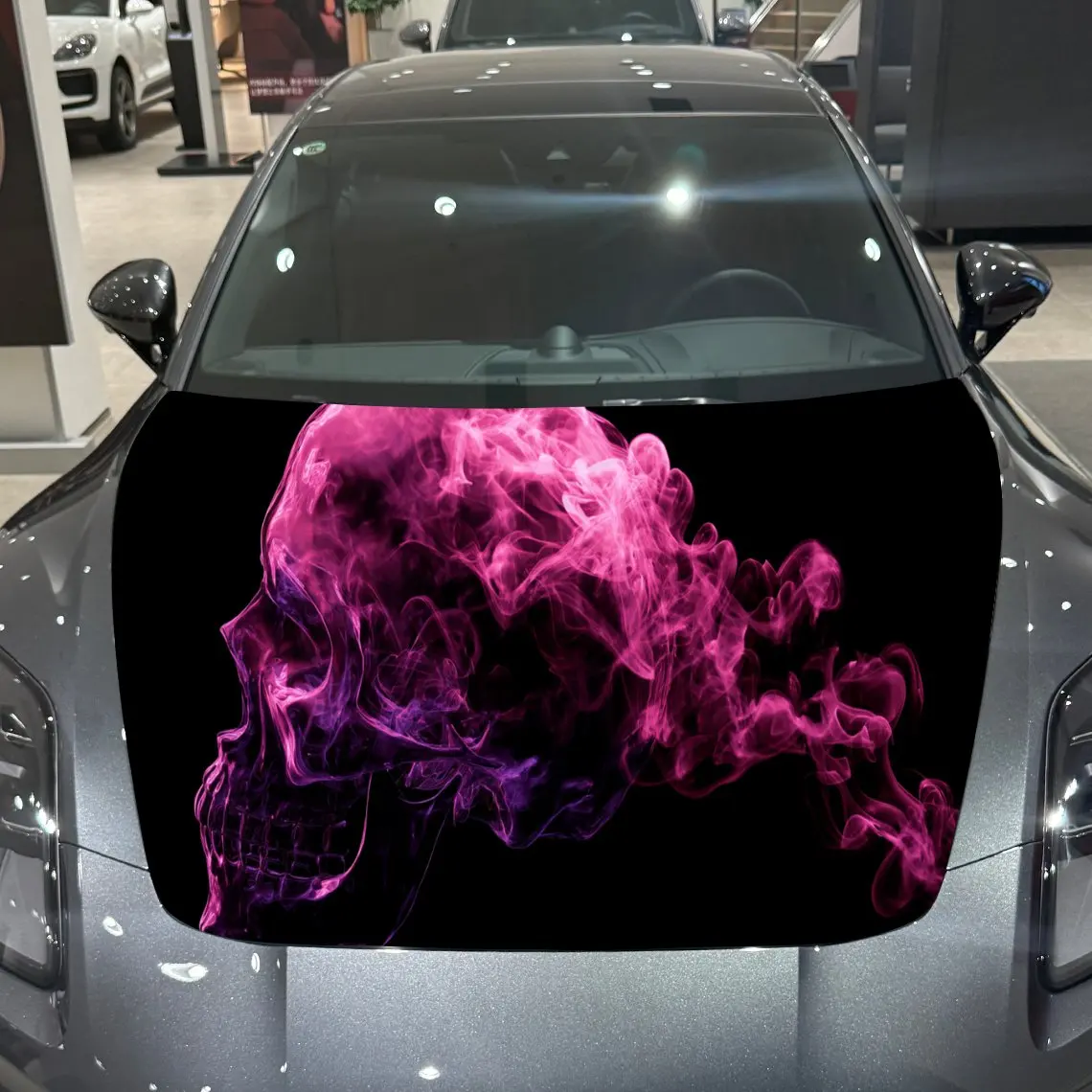 

Dark Art Skull Car Hood Wrap, Pink Flame Style Car Hood Decal, Car Exterior Accessory, Waterproof and Self-adhesive Auto Cover S