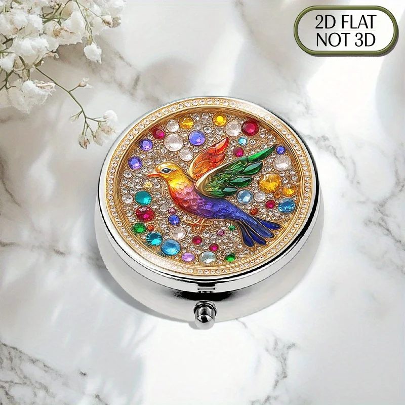 1pc flat portable round metal pill box, featuring a gold circular frame, inlaid with gems and diamonds, suitable for stylish organization, ideal for storing medication, vitamins, or small items, an ideal gift for loved ones