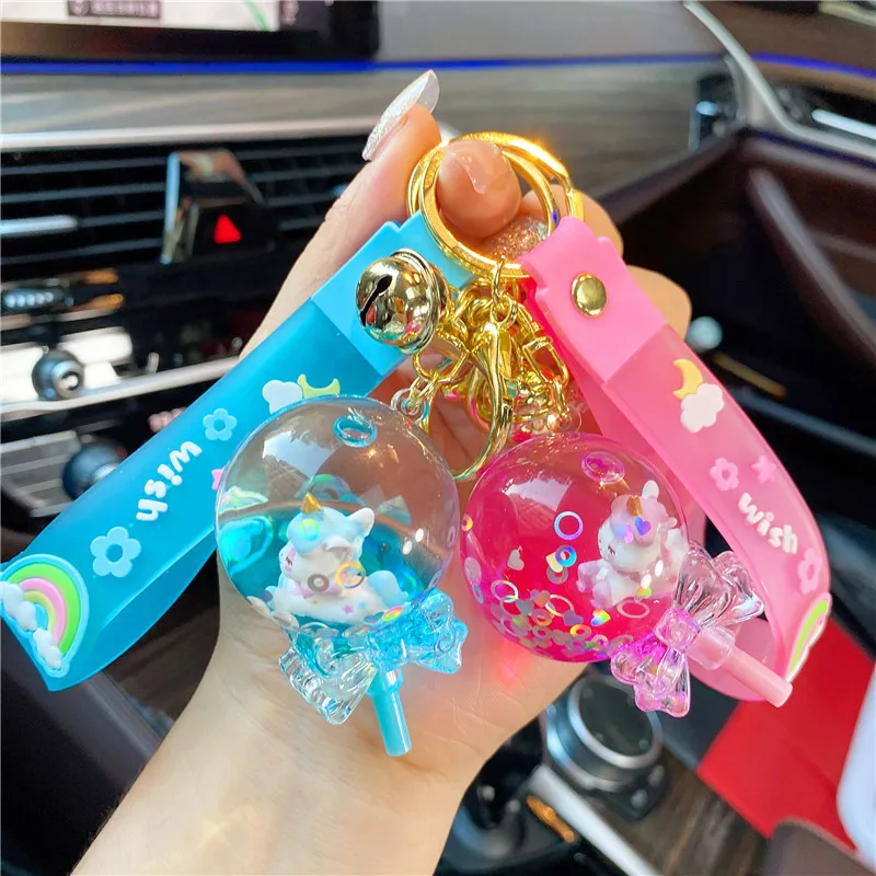 3pcs Creative Floating Unicorn Lollipop Moving Bottle Keyring for Couple Delicate Ring Sequin Quicksand Pendant Keychains Gift