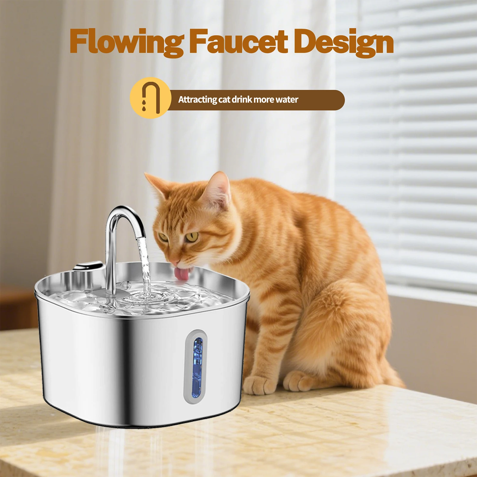 Edelstahl Katzen-Trinkbrunnen 2,2l Ultra-Leiser Haustier-Wasserbrunnen mit Filter Sichtfenster Wasserstandsanzeige LED-Licht – Detail 6