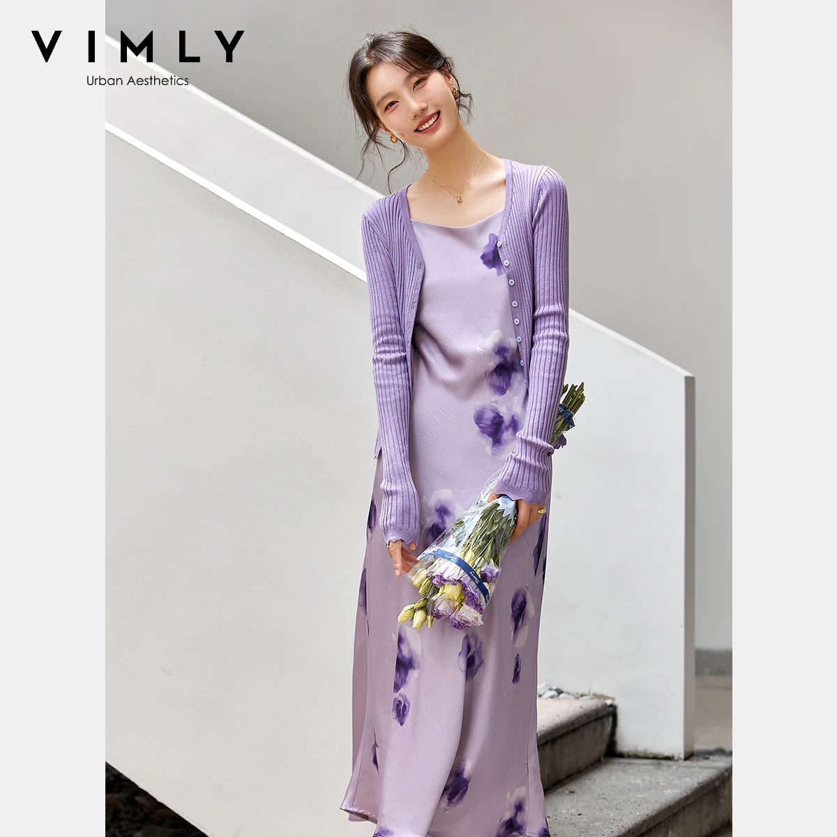 

VIMLY комплекты из 2 предметов, женская одежда, осень 2025 г., фиолетовые длинные атласные платья на подтяжках с принтом, вязаный кардиган, новые одинаковые комплекты A2396