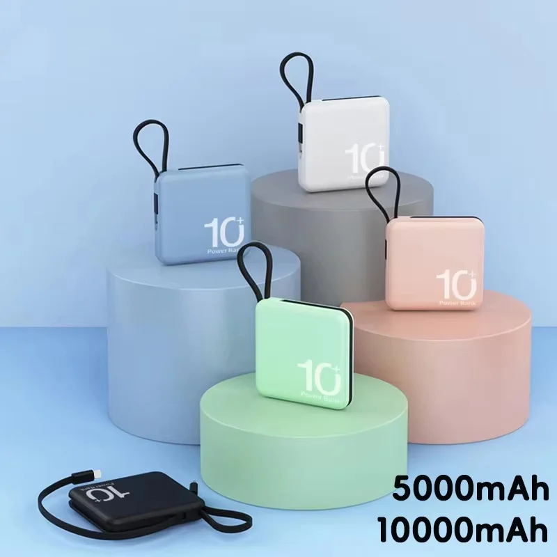 10000mAh Large Capacity Power Bank 5000mAh Built-in Type-C Cable External Battery Portable Lanyard Powerbank For iPhone Samsung