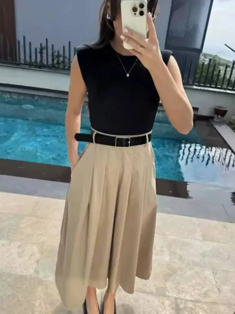 2025 mulher vestidos cinto plissado midi vestido feminino sem mangas vestido de verão mulher vestidos de festa de malha para mulher vestido de verão gzu0