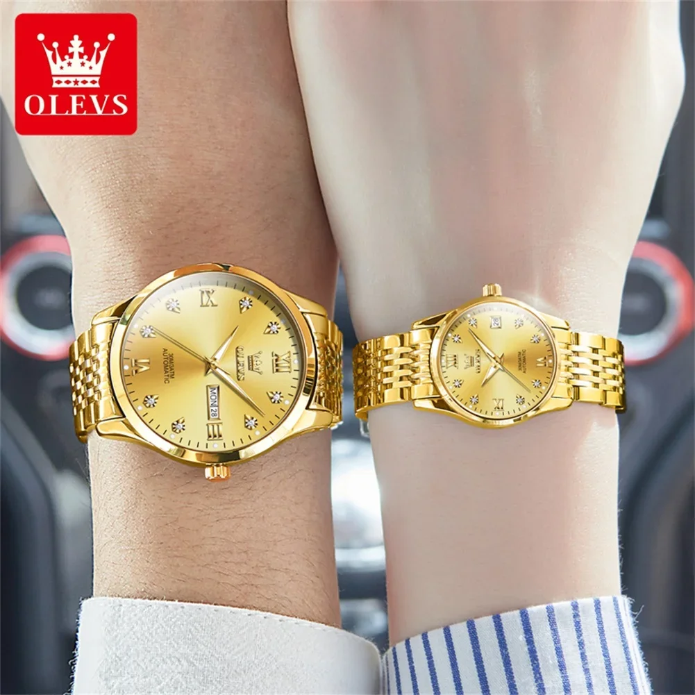 OLEVS-Montres mécaniques automatiques étanches pour couple, bracelet en acier inoxydable, montres-bracelets jumelées pour amoureux, hommes et femmes, 6673