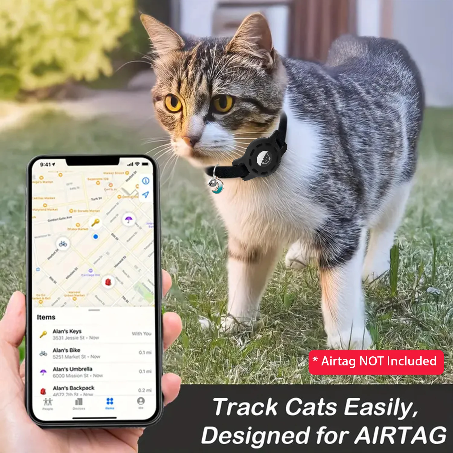 Fashion Airtag Pet Collar Adjustable Elastic Nylon Puppy Cat Collar with Bell Anti-lost GPS Tracker Case（No tracker included）