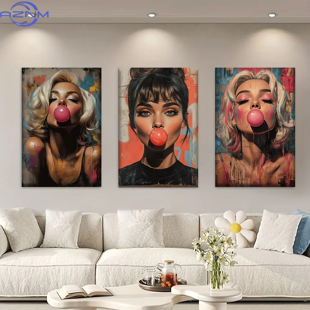 3pcs/set, Canvas painting--Unframed, The beauty blowing pink bubbles, Posters and prints, living room, library, office, cafe, ba