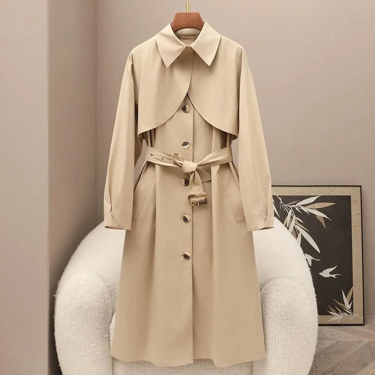 

Spring Thin Women's Long 70% Cotton British Style Lace Up Slim Fit Single Row Windbreaker Jacket