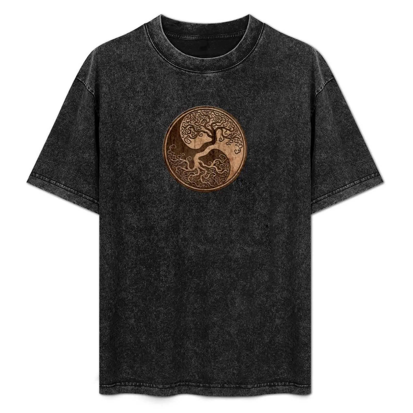 Rough Wood Grain Effect Tree of Life Yin Yang T-Shirt Casual Basic Short Sleeve T-Shirt