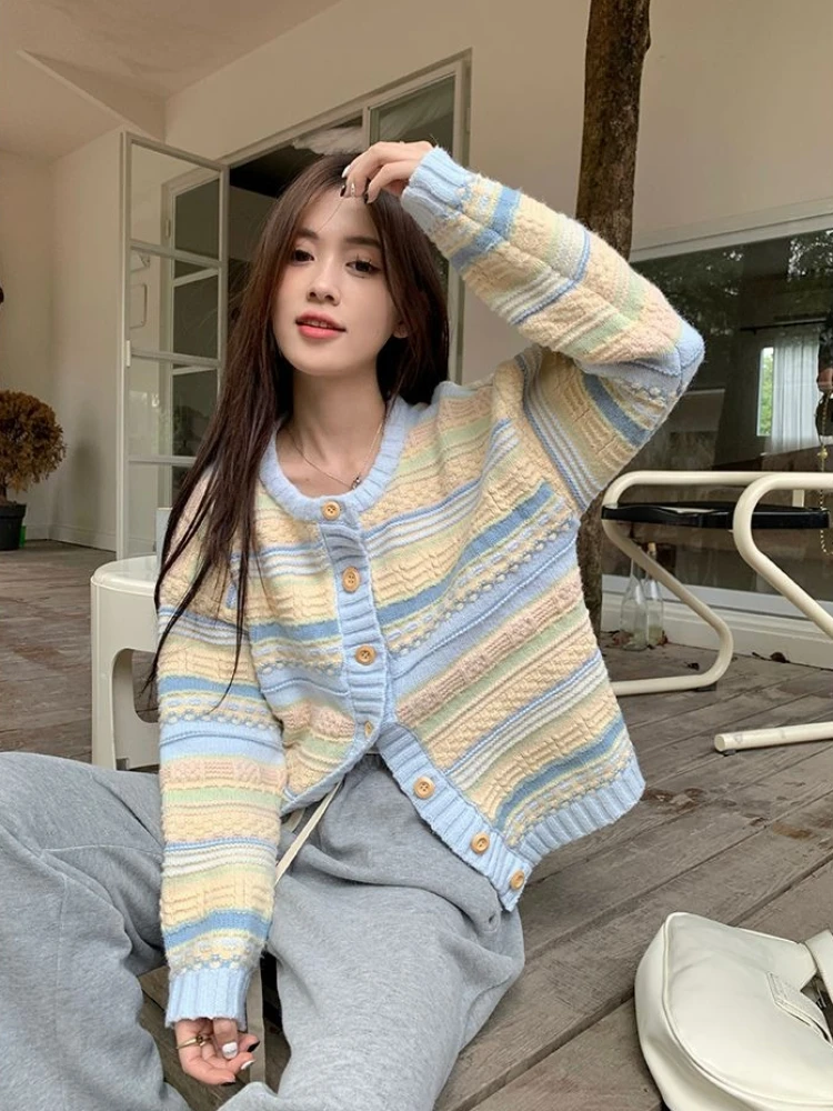 Women Fall Korean Color Block Striped Knit Cardigan Loose Casual Sweater Trendy Autumn Outwear