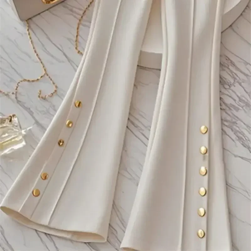 New Luxury Slim Women\'s Pants High End Fashion Design Buttons Elegant White Flare Trousers High Waist Office Lady Pants Clothing