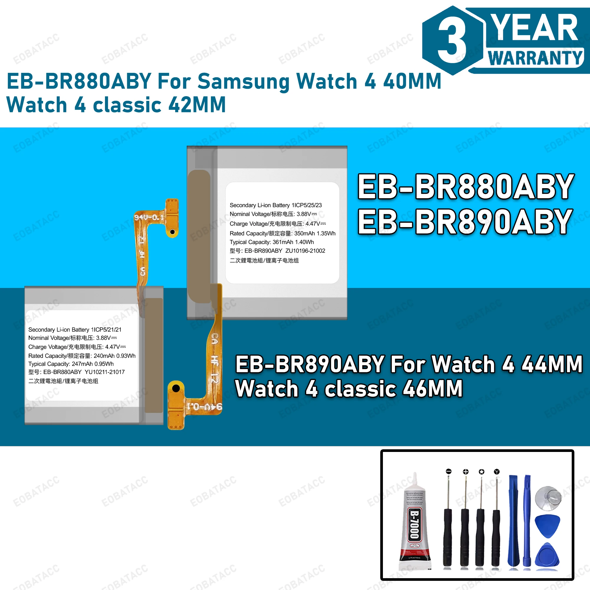 

EB-BR880ABY battery For Samsung Watch 4 40MM/Watch 4 classic 42MM EB-BR890ABY For Watch 4 44MM/Watch 4 classic 46MM Watch batter