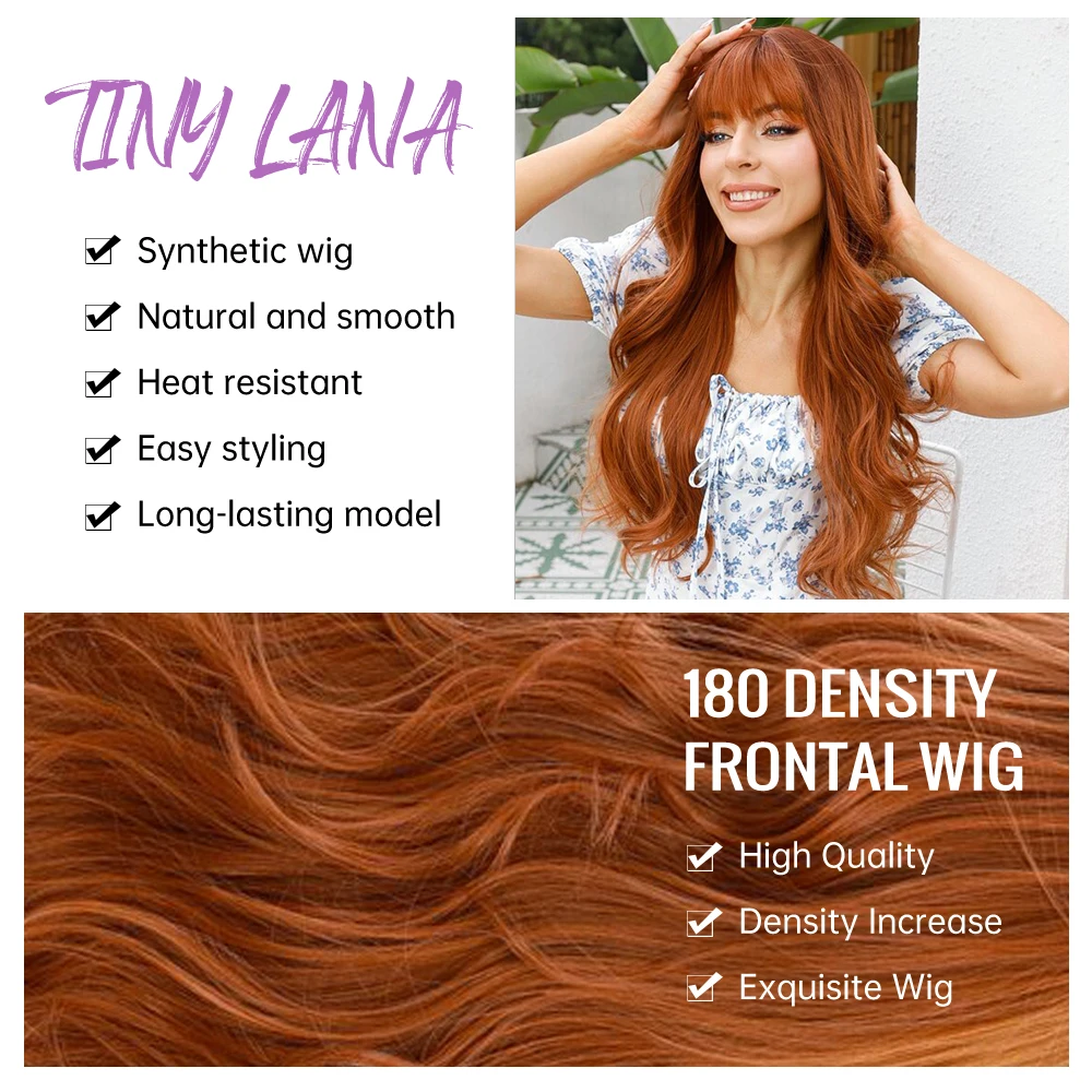 Long Wavy Orange Brown Synthetic Wig with Bangs, Cosplay