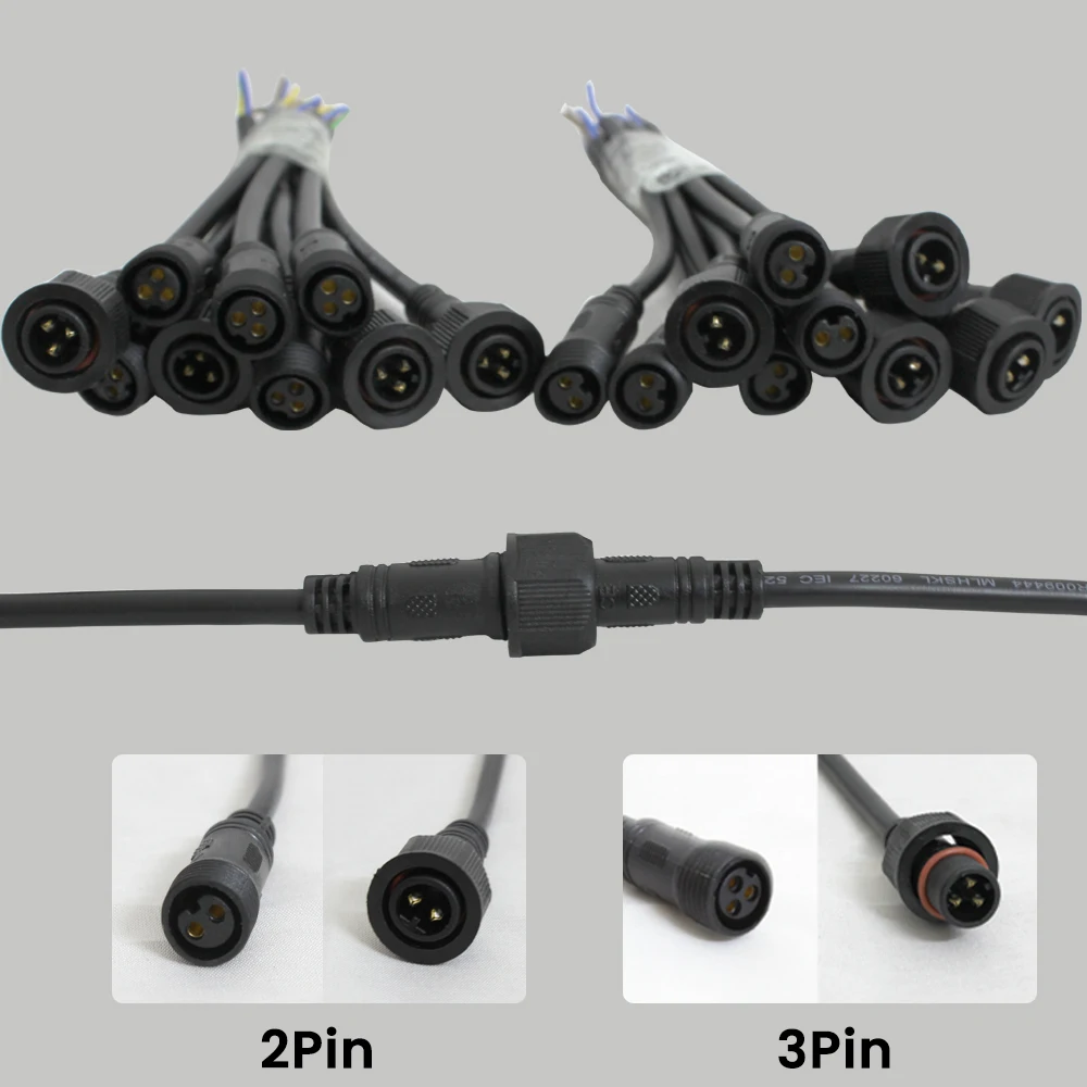 2Pin 3Pin 4Pin 5Pin Male to Female IP68 Waterproof Led Connector Black Cable 20cm 20AWG For Led Strip Lights 1/5/10 Pairs