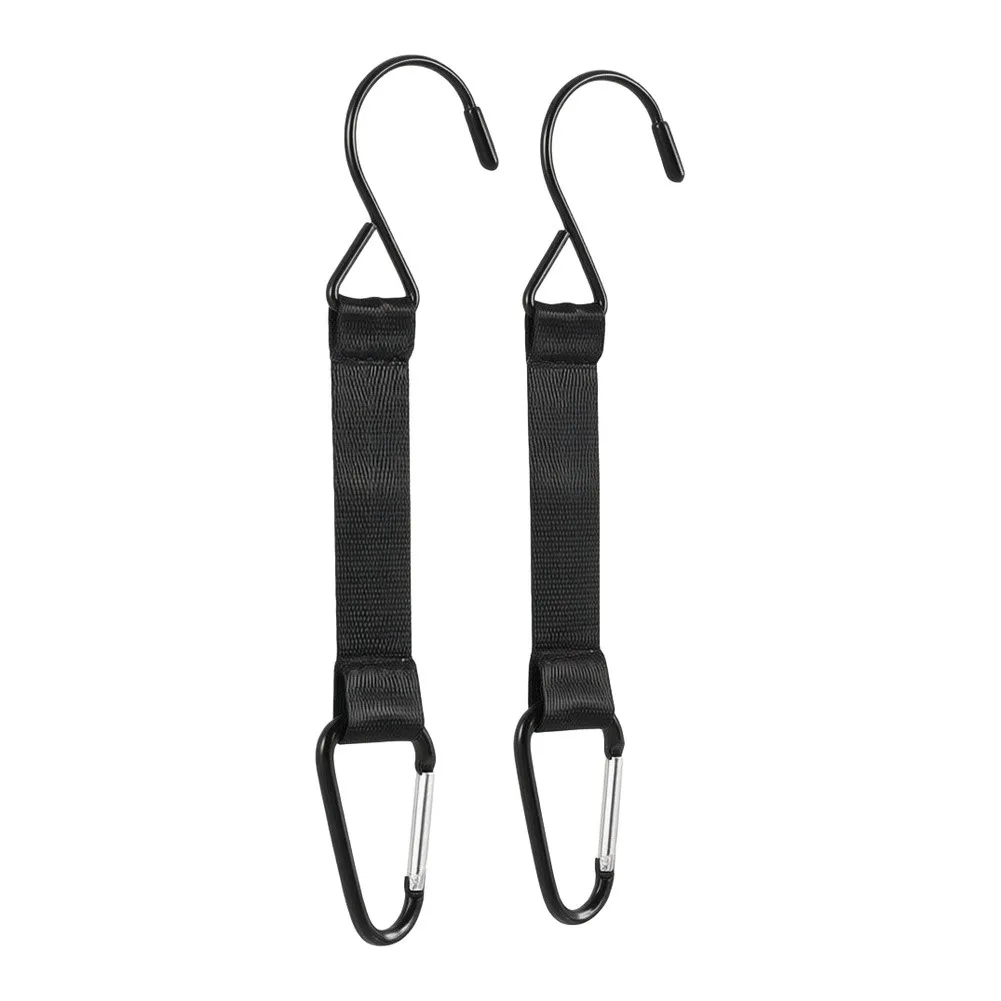 2 Pack Black Fence Hooks for Outdoor Organization D-Shaped Hook 19.5cm Length 7.5cm Nylon Belt for Camping Hiking
