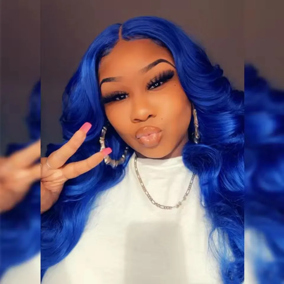 MXWIG Synthetic Hair Blue Loose Deep Wave Glueless 13X4 Lace Front Wig For Black Women Preplucked  Daily Fiber Cosplay