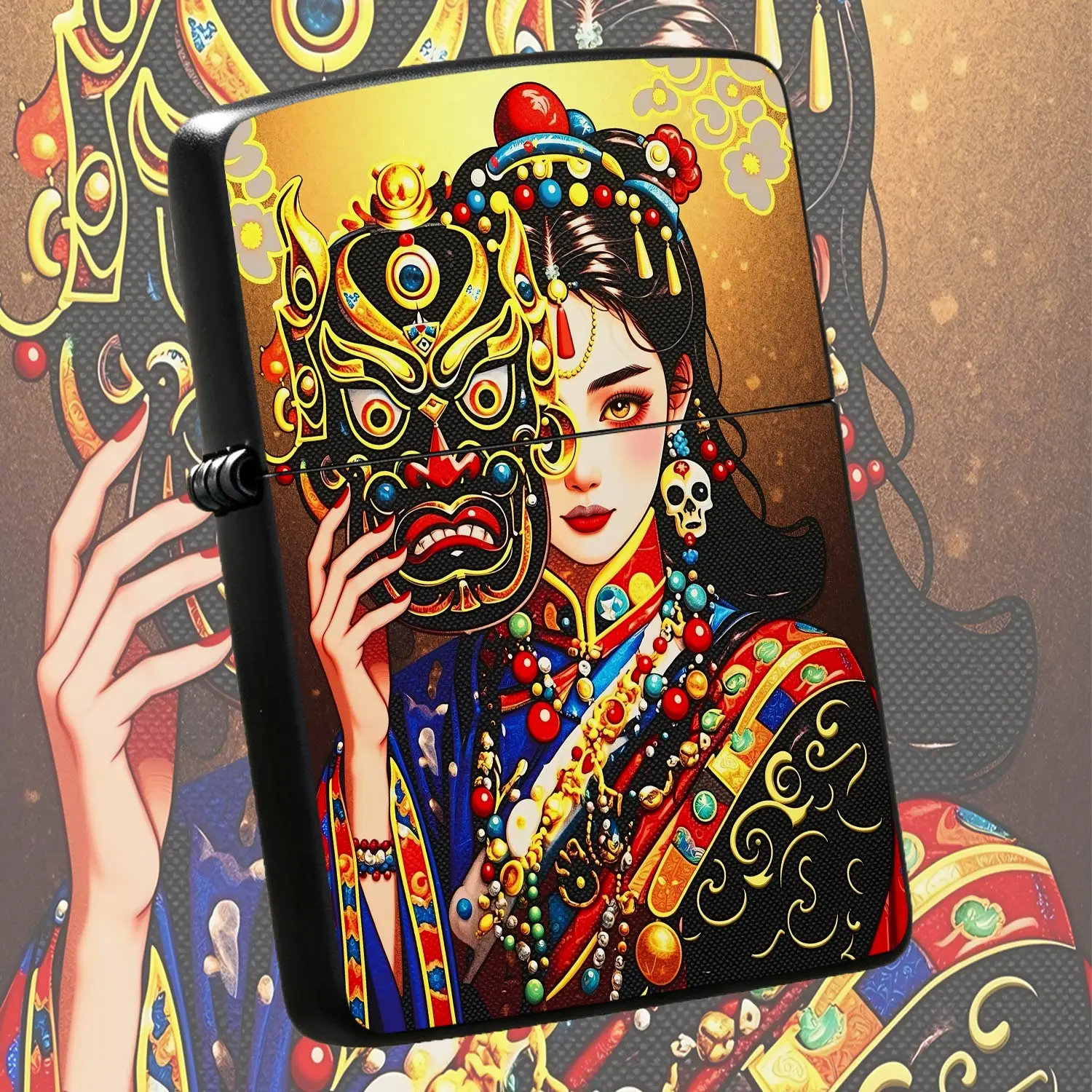 Exquisite Ethnic Tibetan Style Lighter, Traditional Dharma Protector Mask Art Pattern, Ornate Cultural Illustration Design, Portable Stylish Daily Accessory, Ideal For Various Scenarios, Unique Collectible Gift With Rich A Humorous And Inte