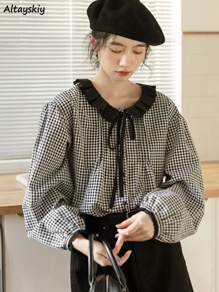 

Plaid Shirts Women Long Sleeve Ruffles Peter Pan Collar Korean Style Spring Baggy All-match Design Students Lovely Girls Daily