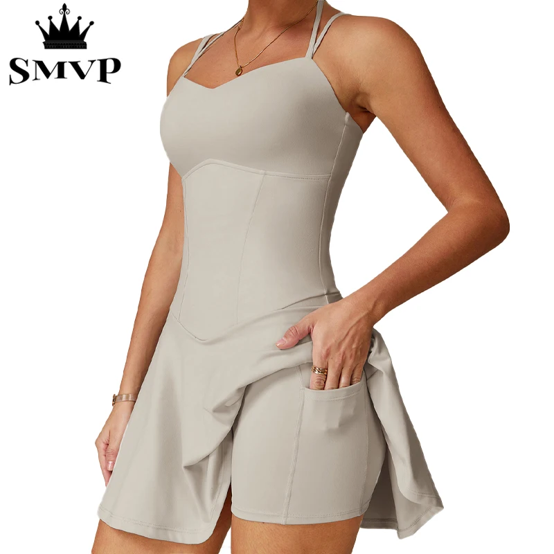 Smvp dress, double shoulder sling design, with side pockets, running sports yoga tennis women's suit
