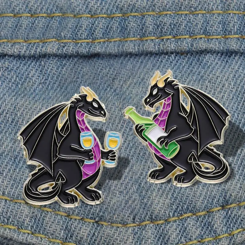 Dragon Wine Enamel Pins Custom Funny Animal and Drink Brooches Lapel Badges Cartoon Jewelry Gift for Kids Friends