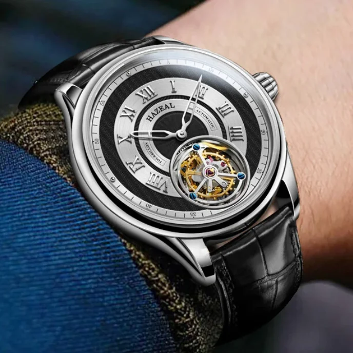 HAZEAL Men Tourbillon Watch 42mm Manual Winding Mechanical Wristwatch Sapphire Mirror Leather Strap Skeleton Dial