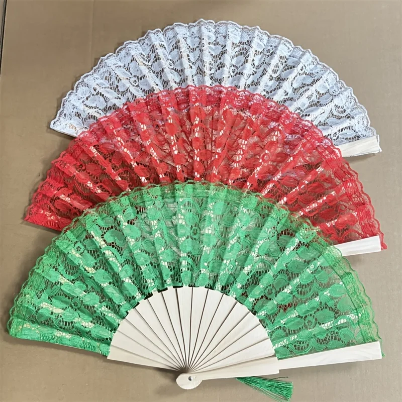 10pcs Elegant Lace Pattern Chinese Fan Vintage Style Tassel Pendent Folding Fan Flower Design Hand Fan Wedding
