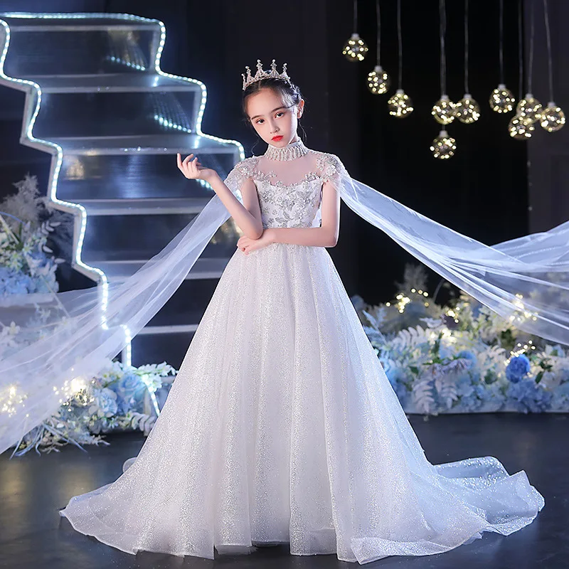 Girls' Tail Evening Dress Princess Dress Wedding Dress Children's Host Flower Girl Piano Performance Costume