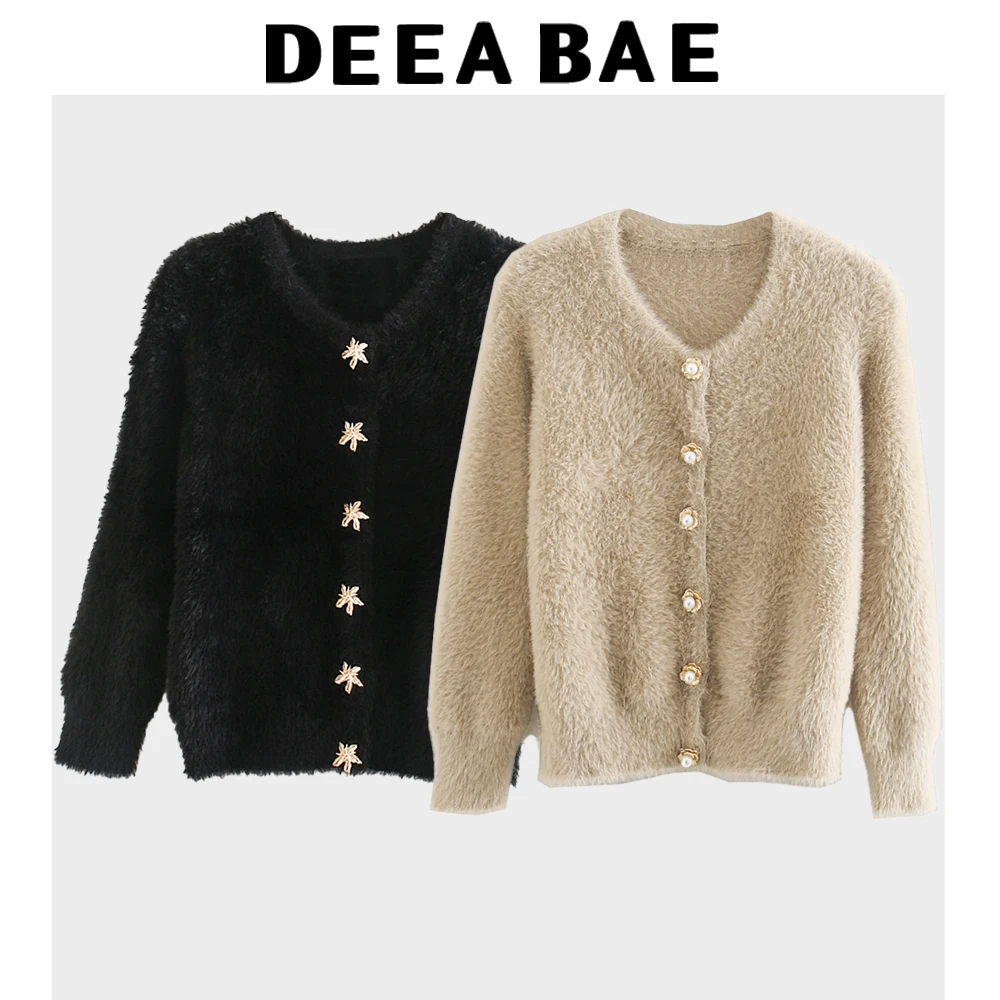 

DEEABAE korean Dongdaemun 2025 Sweet And Fashionable Temperament Faux Fur Effect Pearl Decoration Knitwear Cardigan