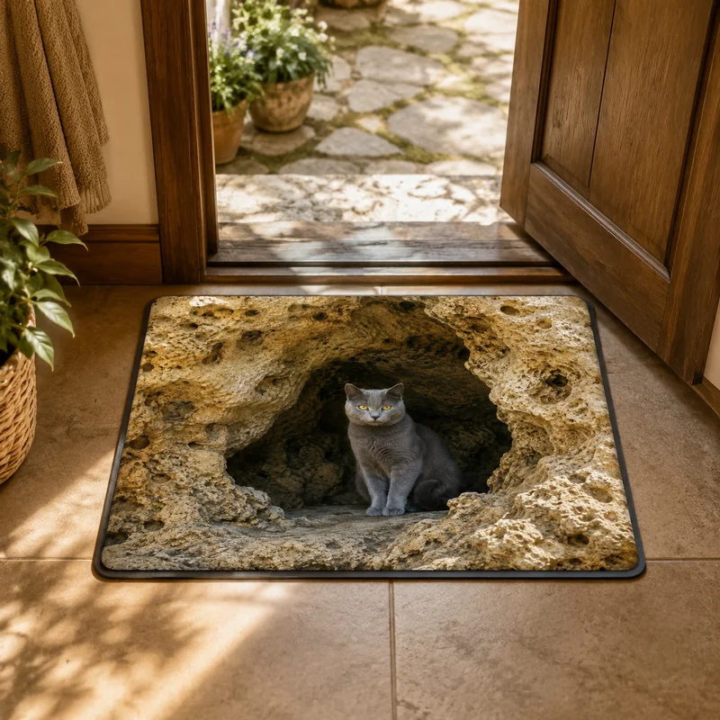 VIKAMA Layered Rock Canyon Tiger Spotted Cat Visual Illusion Home Door Mat Wear resistant Machine Washable Floor Mat