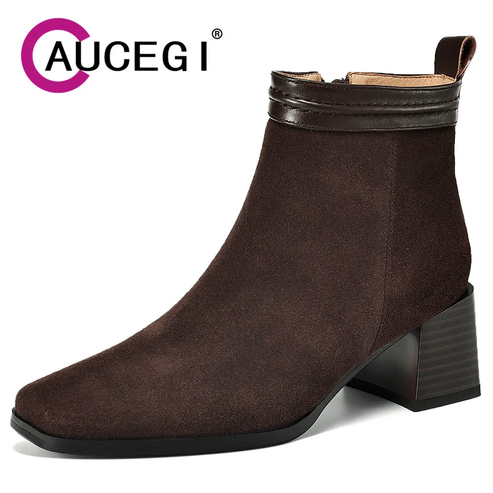 

Aucegi Big Size 34- 43 Cow Suede Chunky High Heels Vintage Modern Ankle Boots Brand Square Toe Casual Zipper Office Ladies Shoes