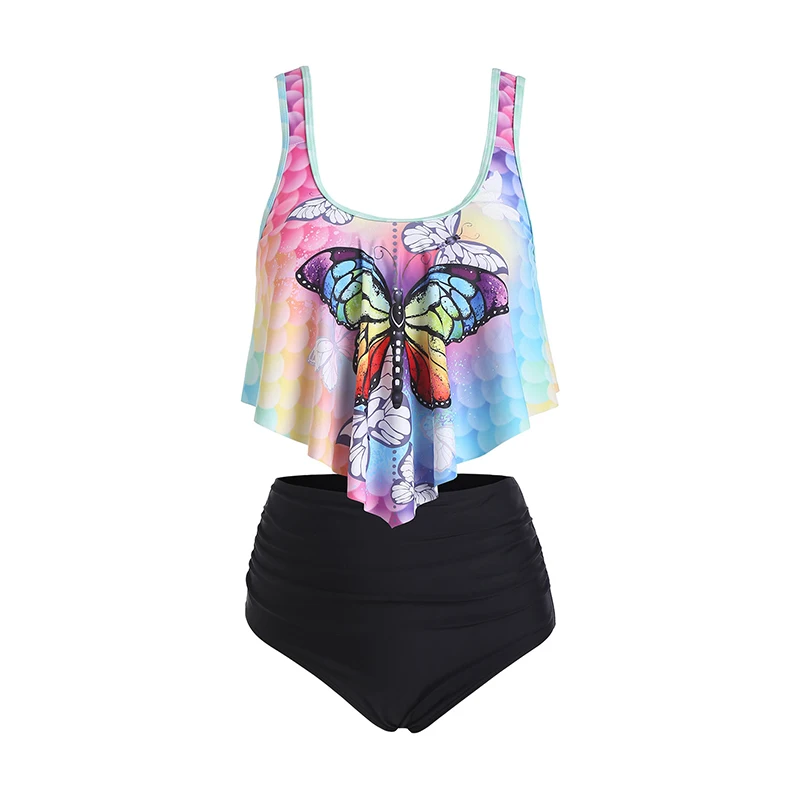 

2024 Fashion Two Piece Bikinis Set Tummy Control Swimsuit Mermaid Butterfly Print Flounce High Rise Vacation Tankini Swimwear