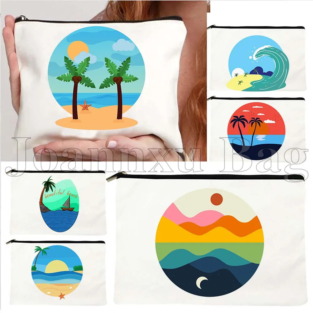 

Tropical Summer Beach Coast Ocean Waves Sea Sunrise Landscape Cute Gifts Canvas Cosmetic Makeup Toilet Bag Pencil Case Pouch