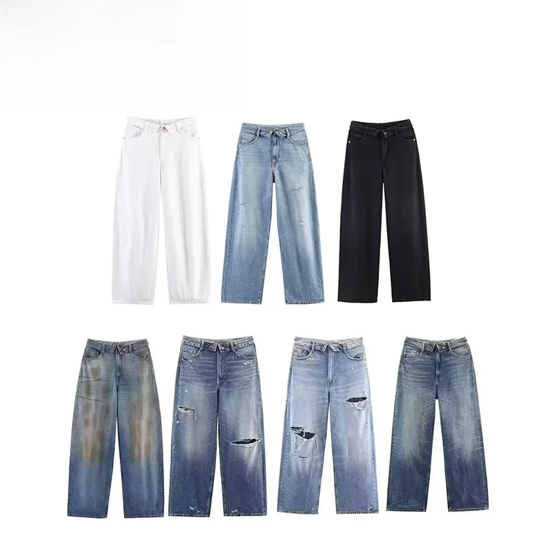 Vaqueros de mezclilla de tiro medio con dobladillo para mujer, pantalones casuales de cintura alta y pierna ancha de fibra de...