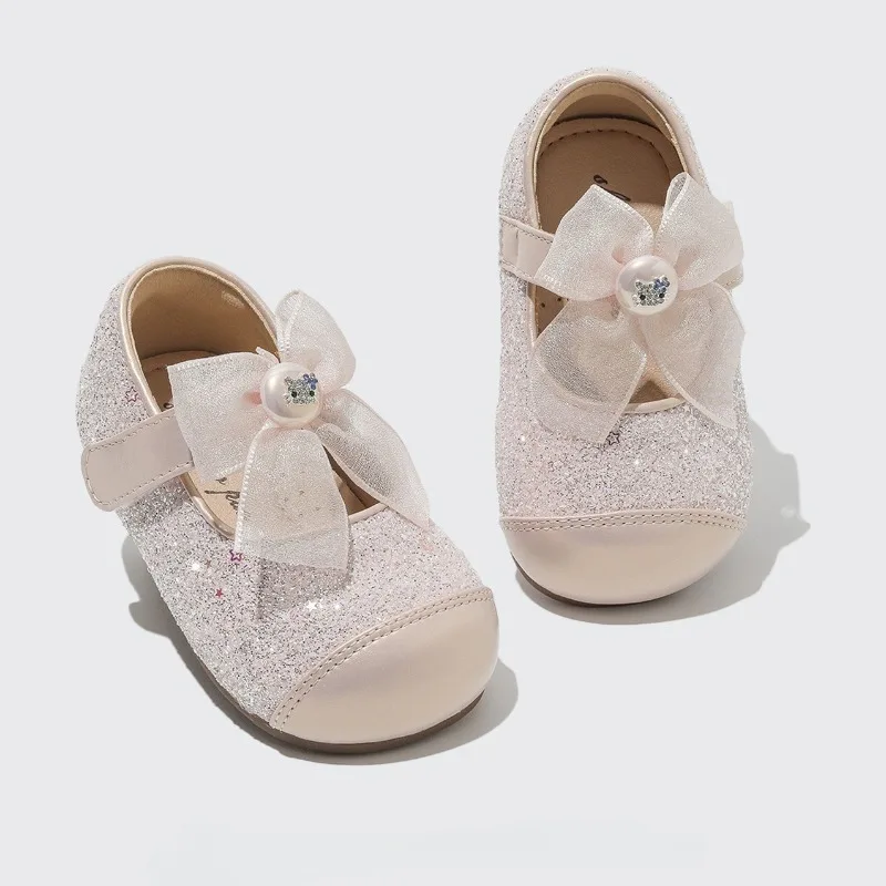 Preschool walking shoe2026 four season new Korean version child soft soled loafer fashiona baby girl bow performa princess shoe