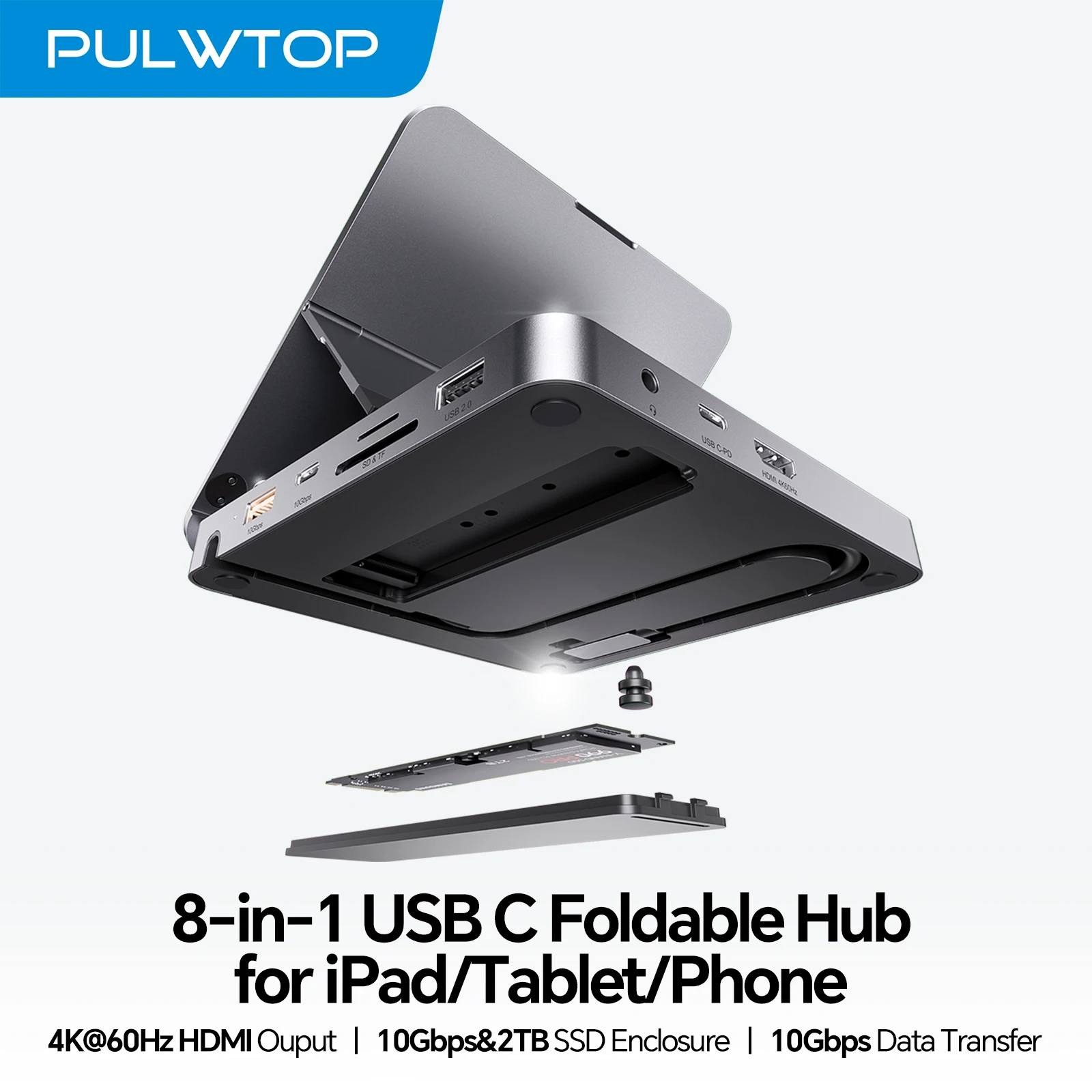 

PULWTOP USB C-концентратор для iPad Pro, HDMI 4K@60 Гц, алюминиевый концентратор PD 100 Вт с корпусом SSD, док-станция-станция для iPad Mini 6-го поколения