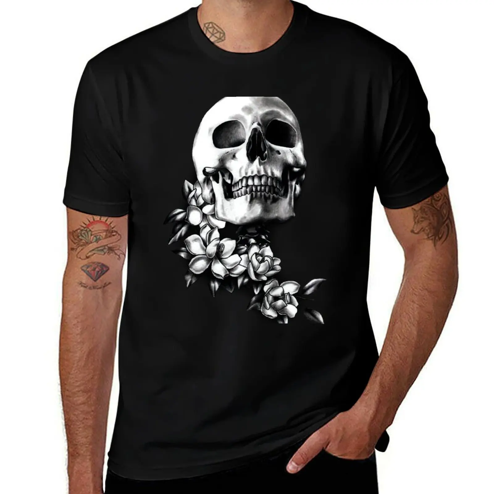 Skull & Magnolia Flowers B&W T-Shirt Vintage Print Crew Neck Tee T-Shirt