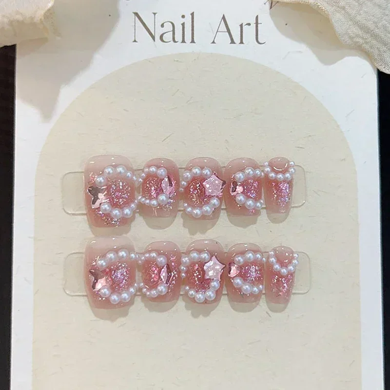 10 unidades de uñas postizas hechas a mano con lazo de rubor corto, diseño de diamantes, manicura portátil, acrílico, punta completa para decoración de uñas