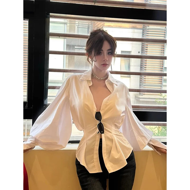 

MEXZT Elegant White Shirts Women Fashion Sexy V Neck Lantern Long Sleeve Blouses Summer Office Ladies Korean Slim Design Tops