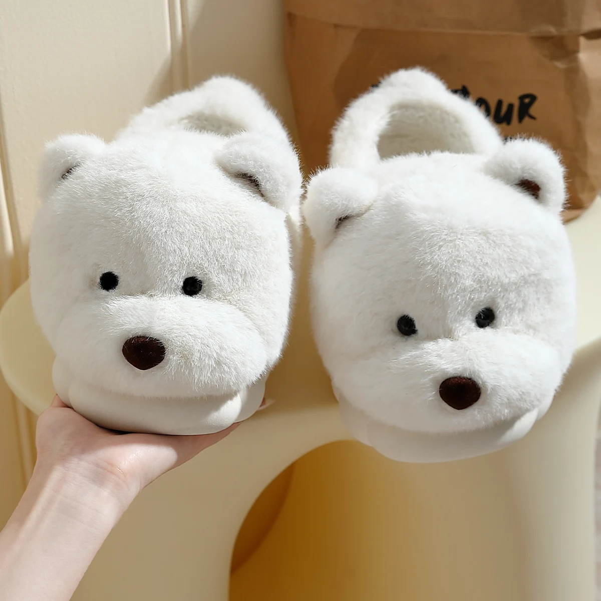 Winter Warm 3D Cartoon Dog Bear Thick Furry Women Plush Slippers Ankle Wrap Lady Couple Men Home Cotton Shoes