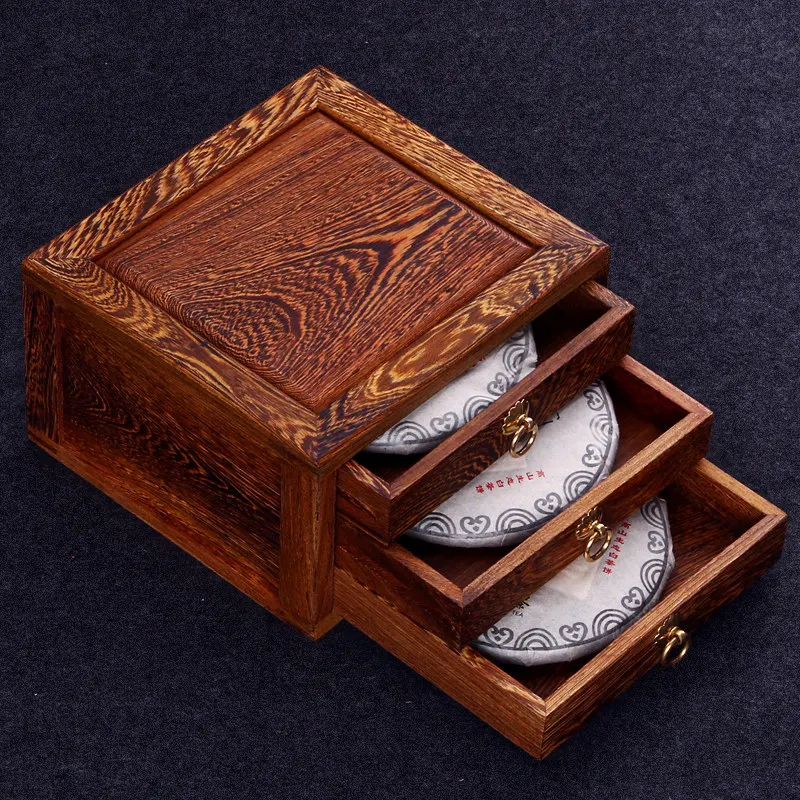 Wenge Wood Tea Storage Box, Multi-Layer Tea Cake Display Rack&Solid Wood Tray Set,Chinese Style Tea Room Cabinet Organizer&Decor