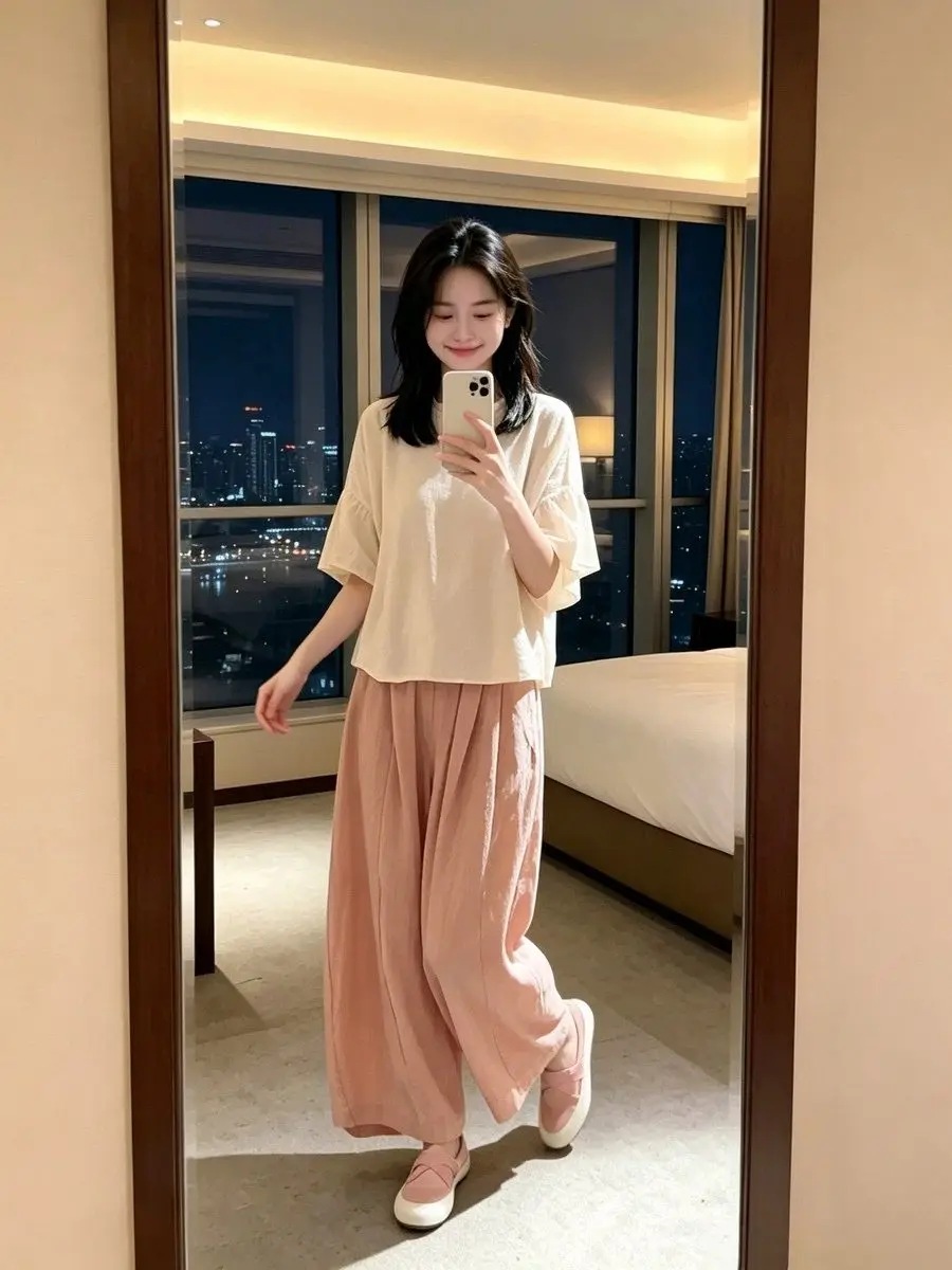 

Retro INS Style Women's round Neck Short Sleeve T-Shirt Loose Wide Leg Pants Two-Piece Set Summer Fashion Casual Wear